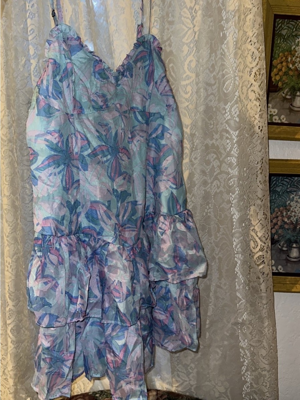 Pastel Floral Tiered  Dress - Blue & Lavender